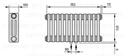 Схема (чертеж) Радиатор Zehnder Charleston 3037/12 №5410 Белый глянцевый RAL 9016